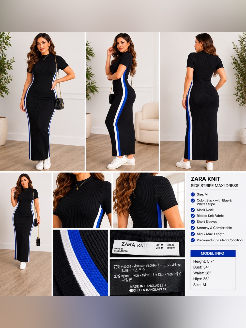 Zara Knit Ribbed Side Stripe Midi Maxi Dress Black Blue White Size M